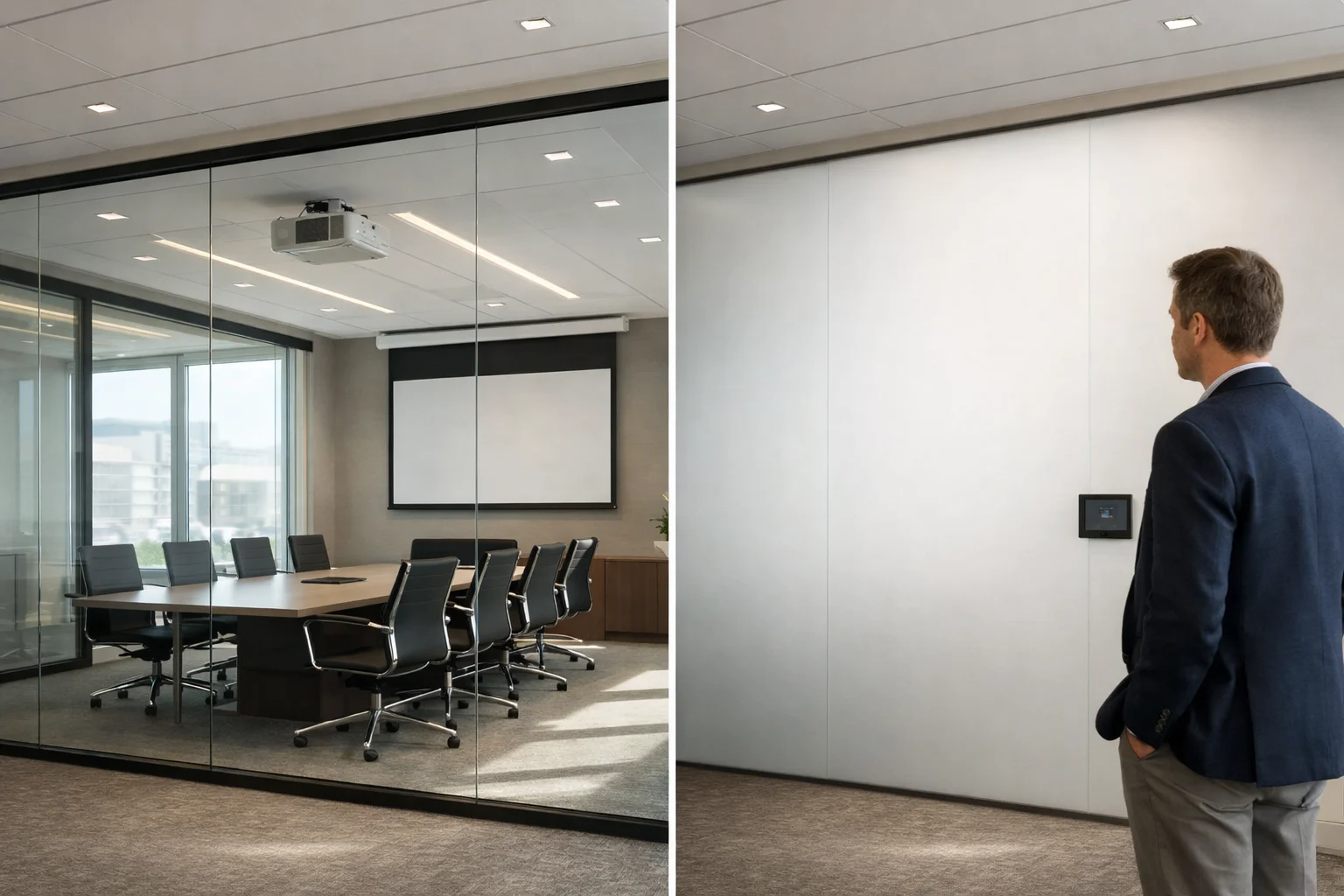 Modern conference room with a frosted switchable privacy glass wall and discreet audiovisual controls.