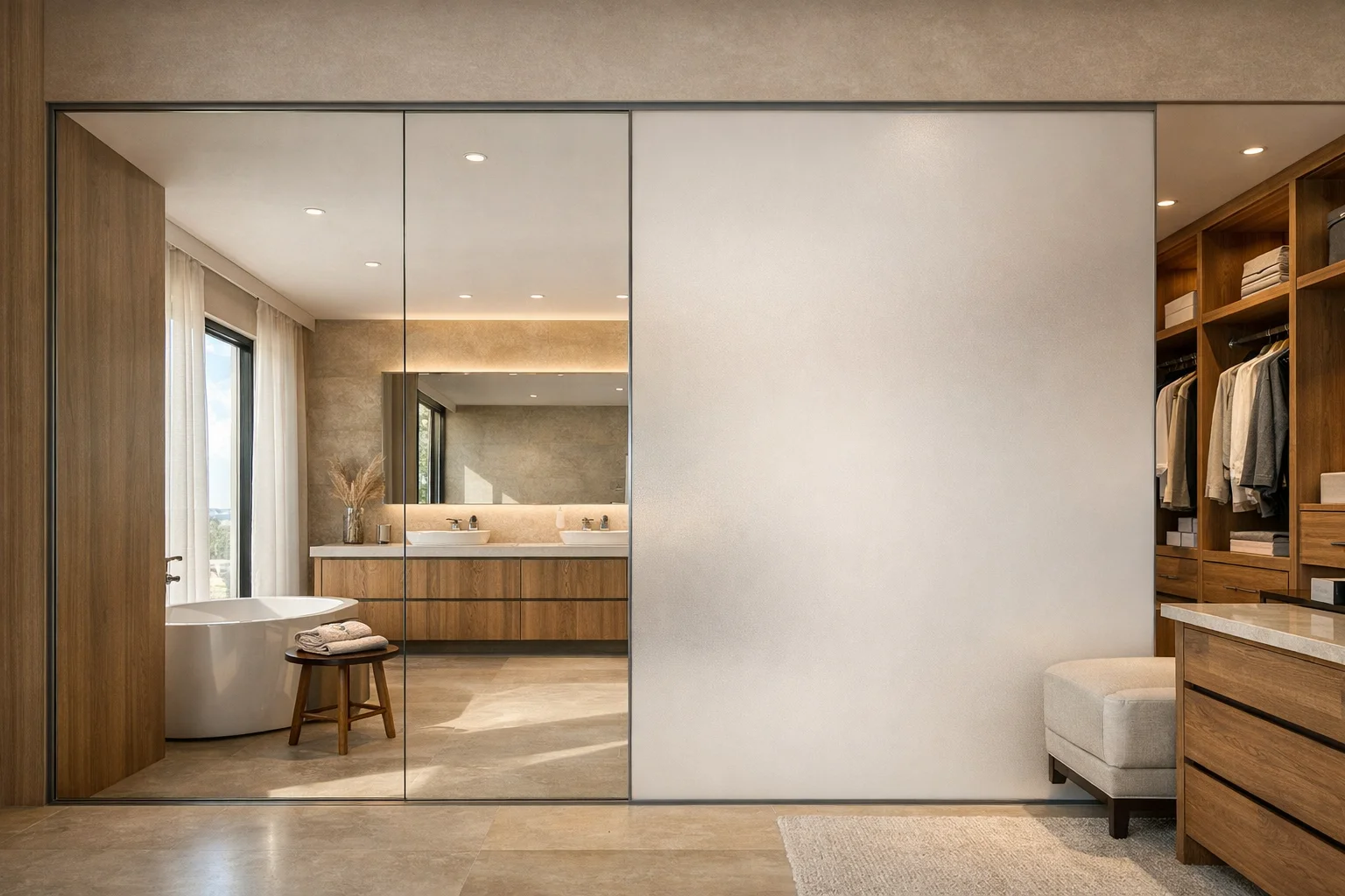 Modern luxury residential bathroom and dressing area with an interior glass partition shown in transparent and frosted privacy states.