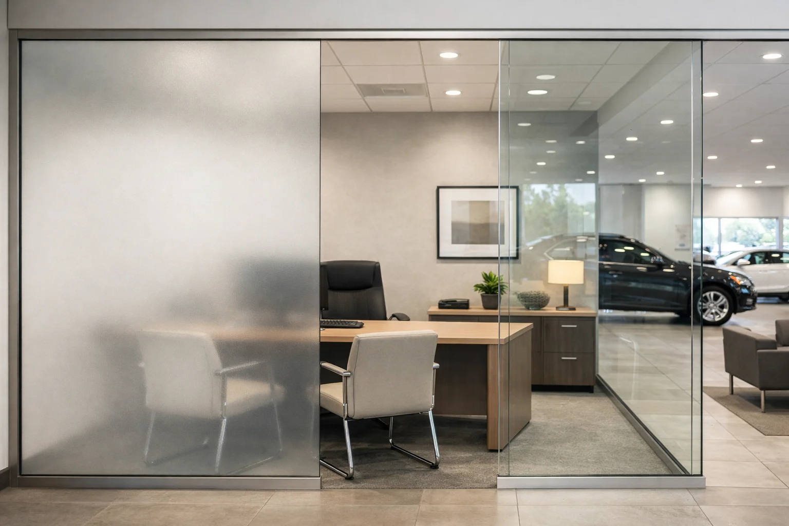 Modern car dealership finance office with a switchable privacy glass partition in a frosted state.