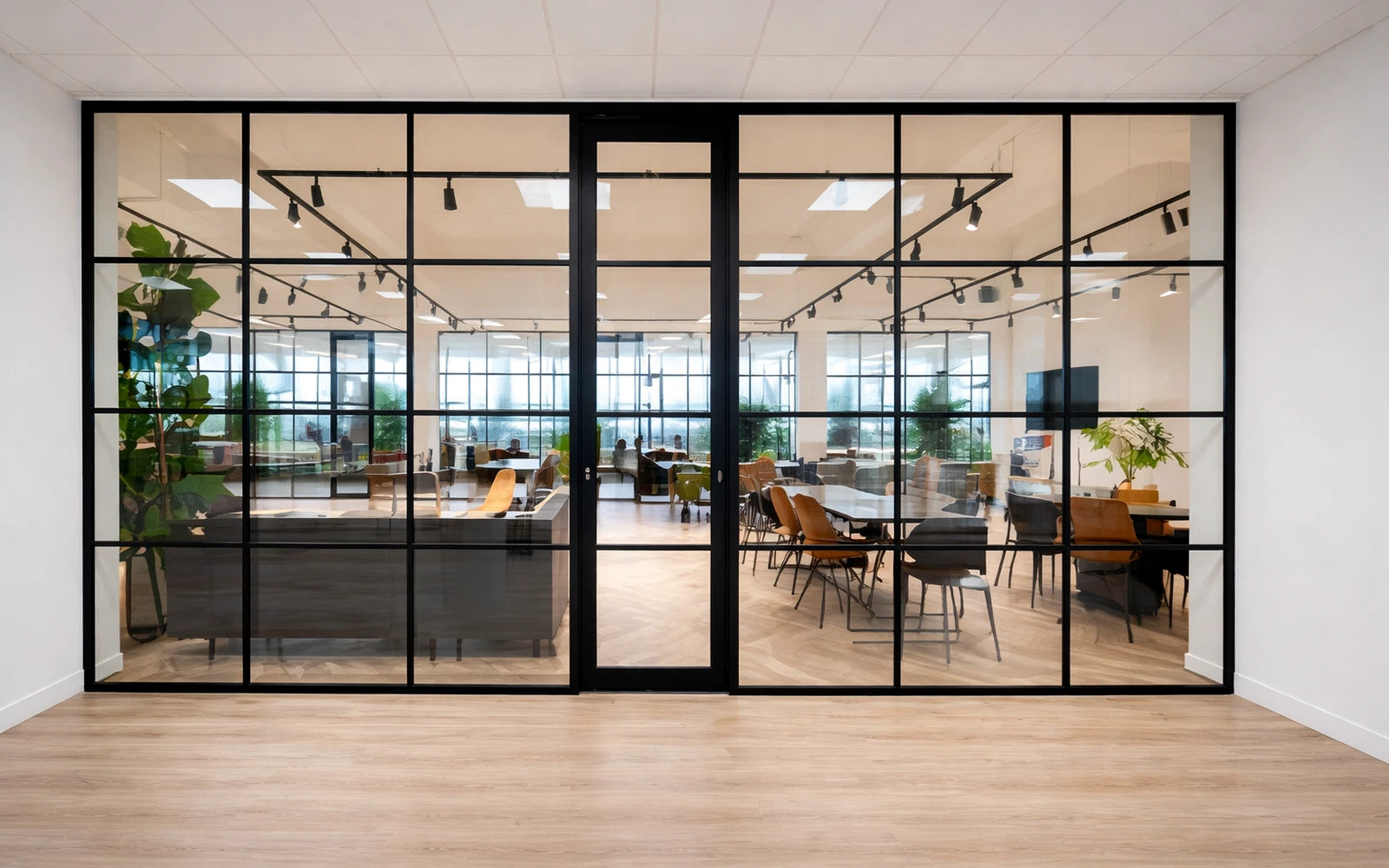 PDLC smart film applied to office glass partitions for switchable privacy in a modern workplace