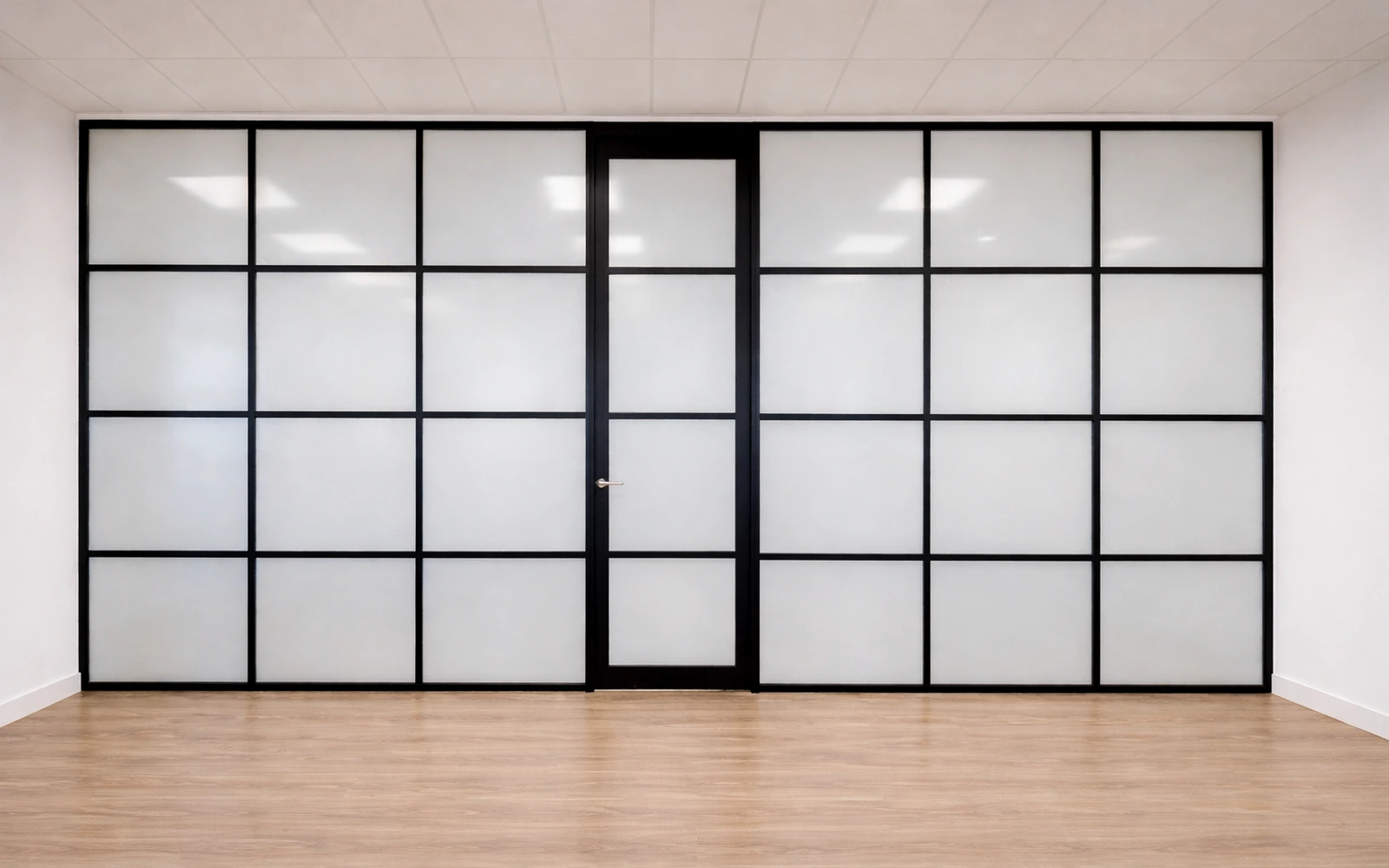 PDLC smart film applied to office glass partitions for switchable privacy in a modern workplace