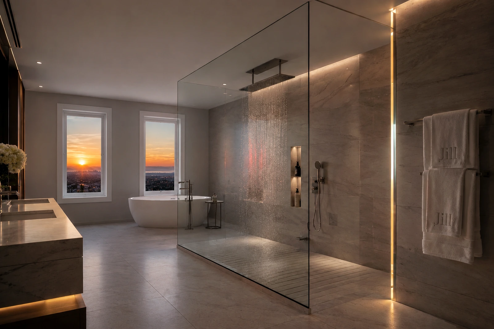 Switchable privacy glass in a luxury bathroom changing from clear to private for premium shower privacy