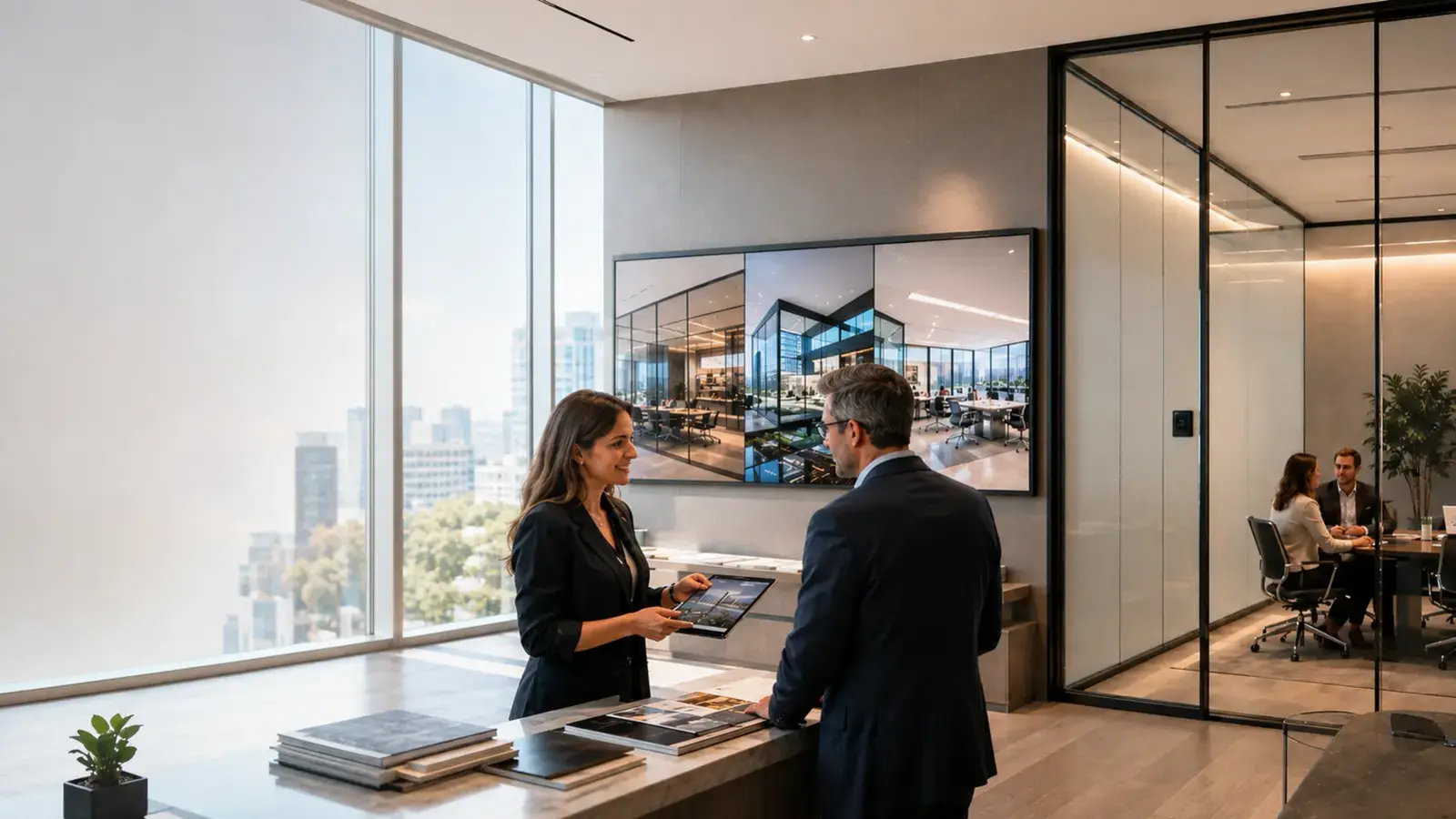 Glass wall professional showing a privacy upgrade opportunity to a past office client