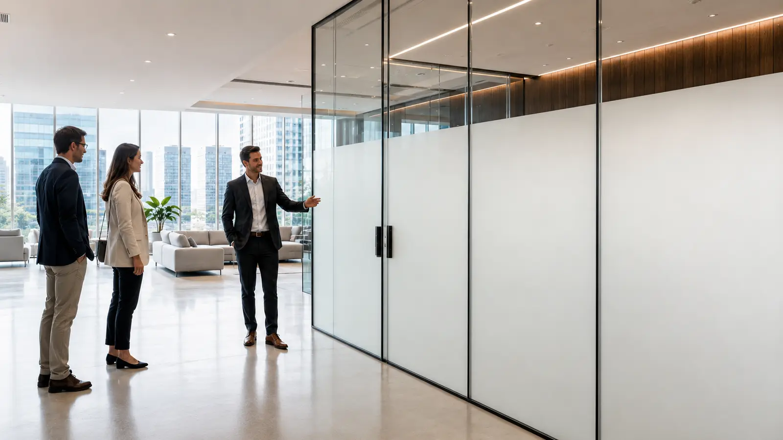Concept visualization of an Orlando office glass wall with partial white smart film privacy