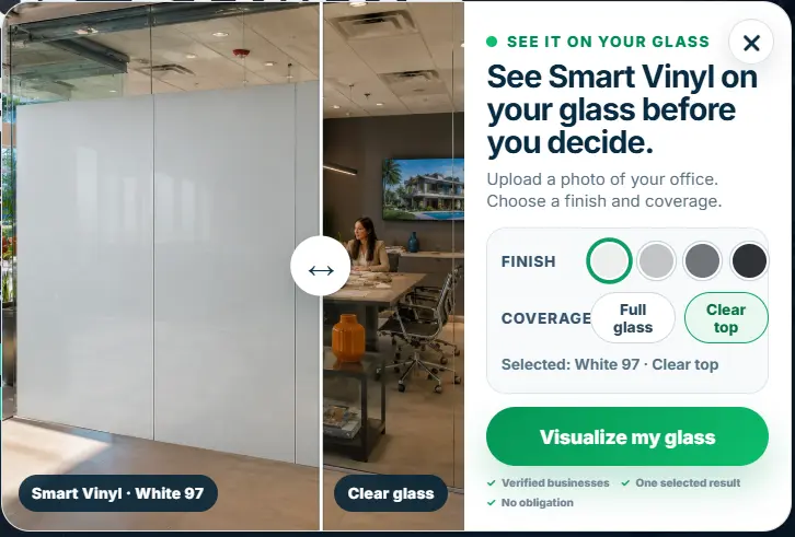 SmartGlass office visualizer comparing clear glass with white privacy film