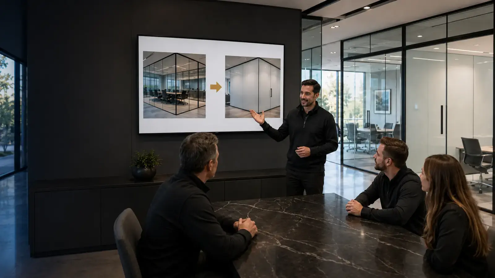 Training session showing dealers how to add privacy upgrades to glass wall projects