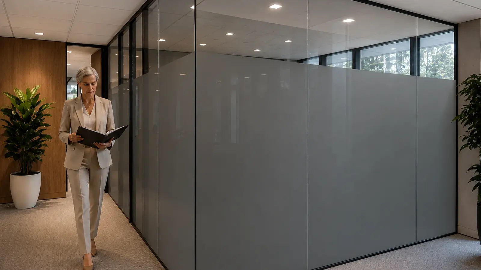 Frameless glass conference room in private mode with white switchable smart film