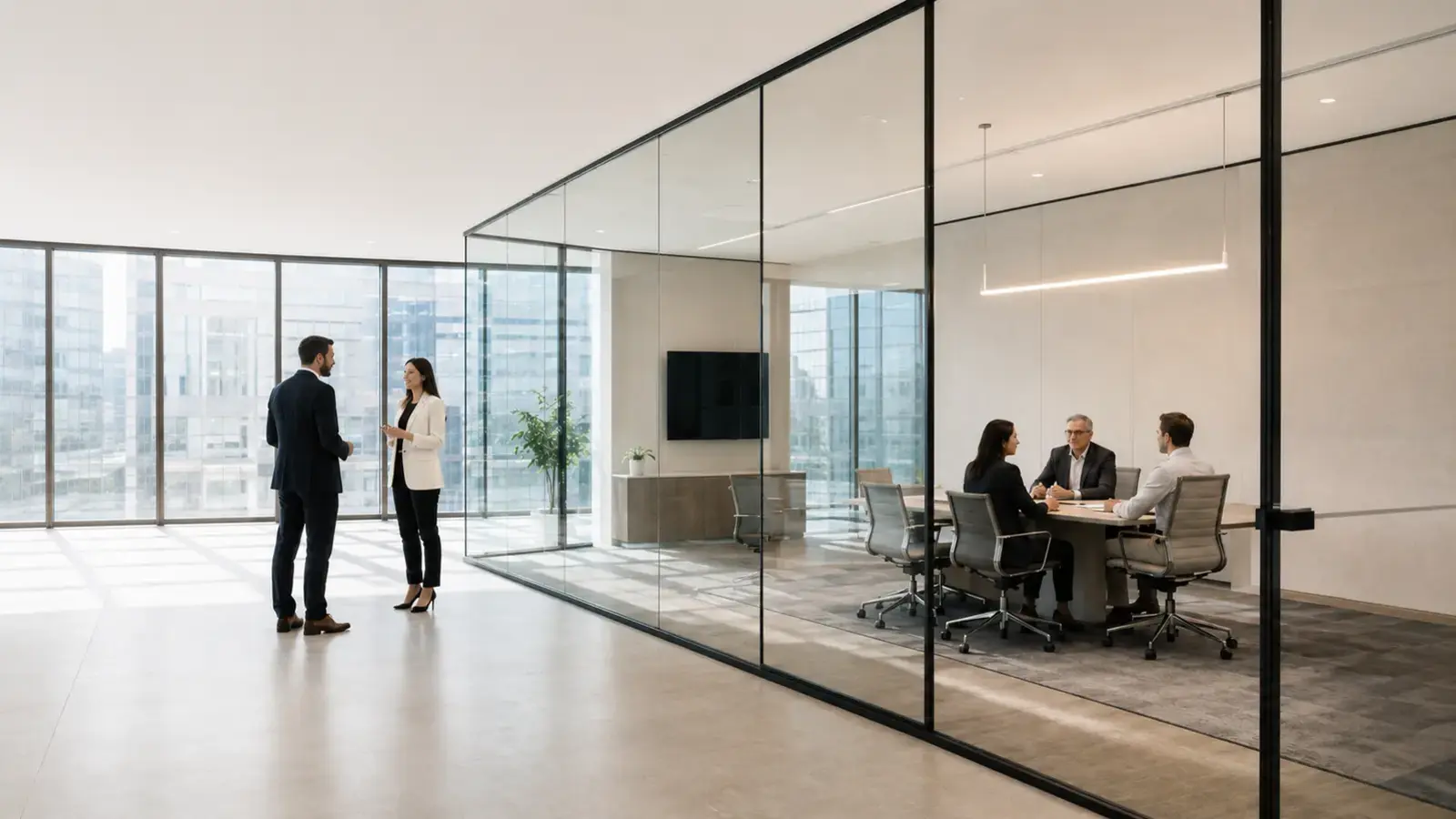 Existing clear glass wall in a commercial office before a privacy upgrade