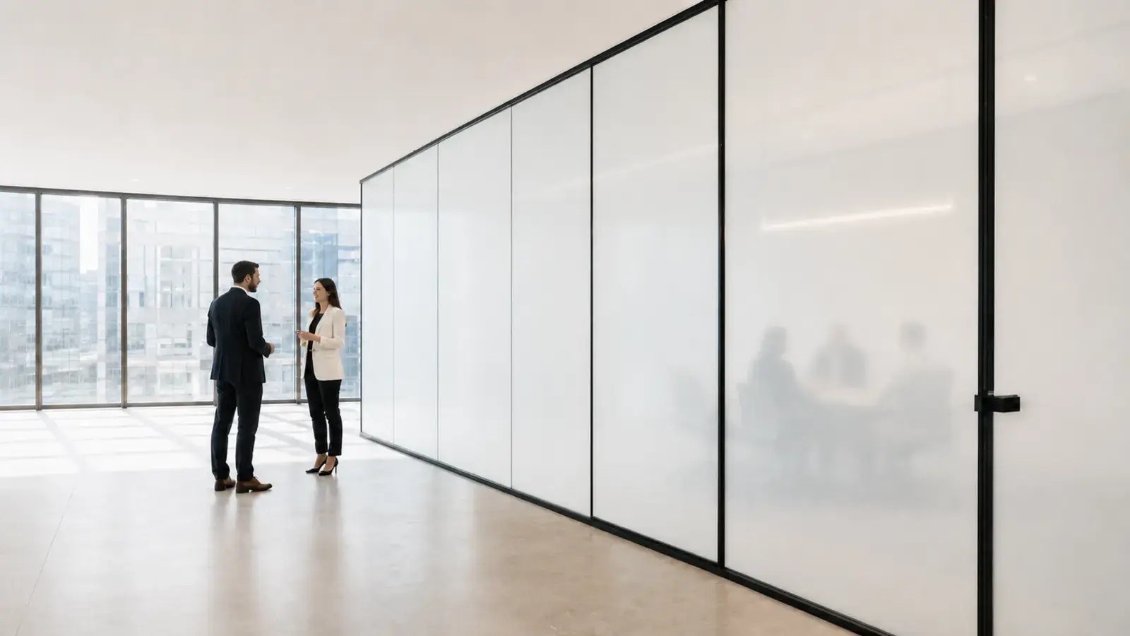 Existing office glass wall upgraded with white PDLC smart film for privacy