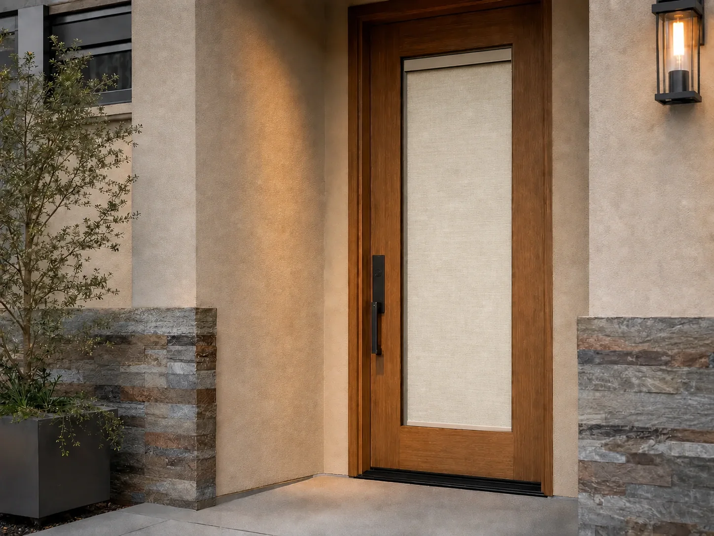 Interior view of a modern glass front door fitted with a full-height neutral privacy shade.