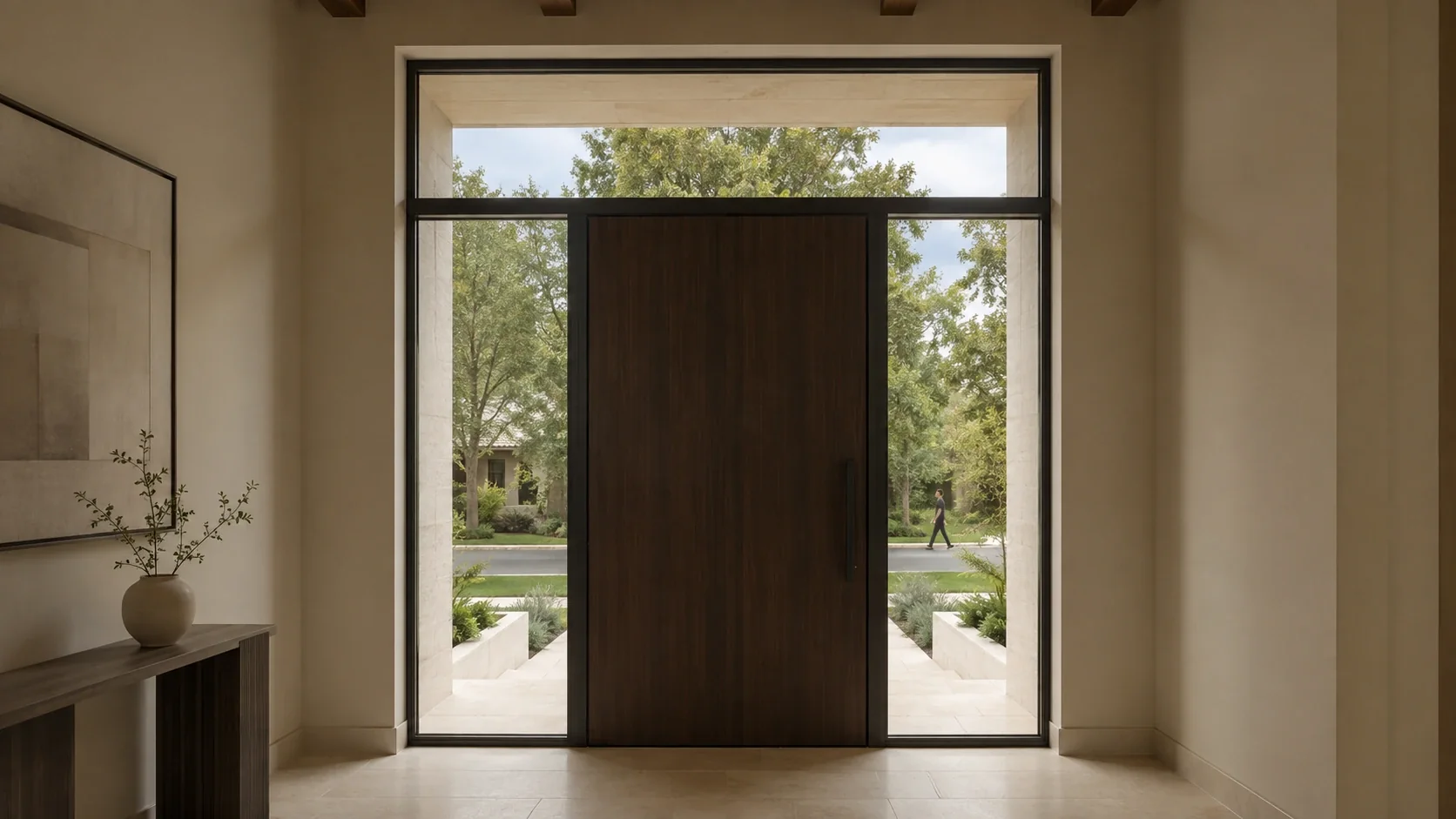 Interior view through clear front-door sidelights and transom showing the privacy exposure of a residential entry.