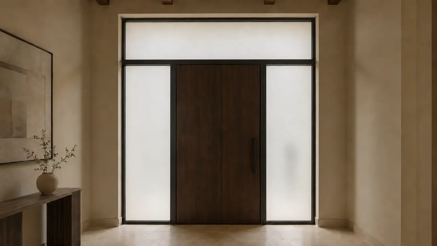 Residential entry sidelights and transom shown in a translucent smart privacy state.