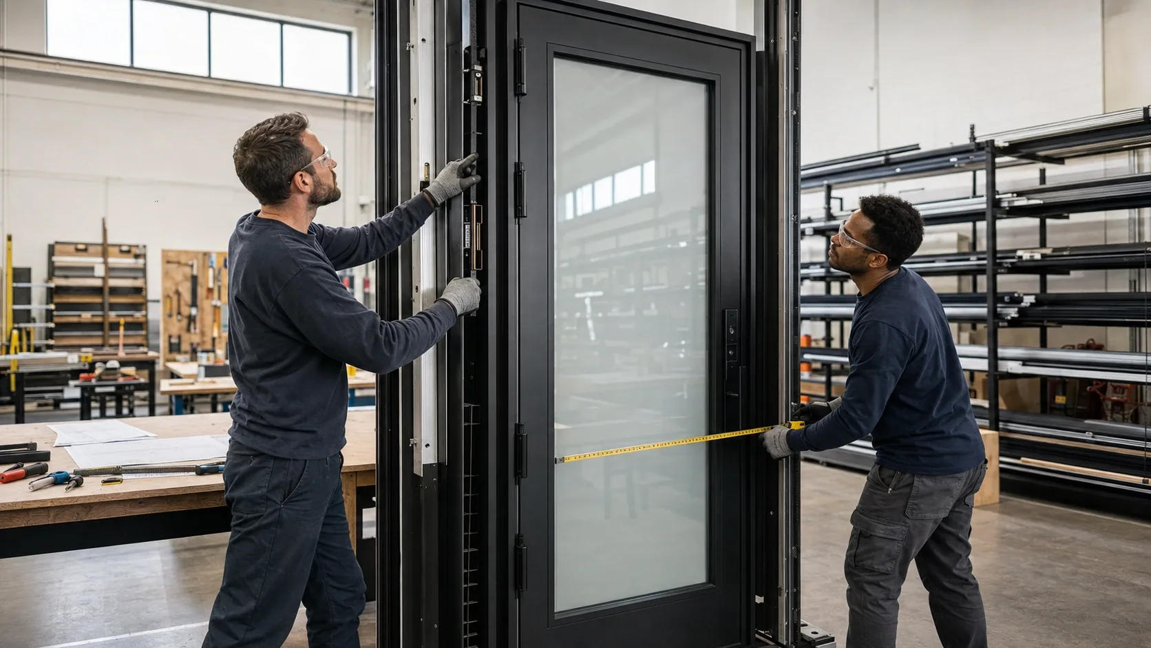 Door manufacturer technicians measuring and adjusting a black smart glass entry door in a fabrication workshop.