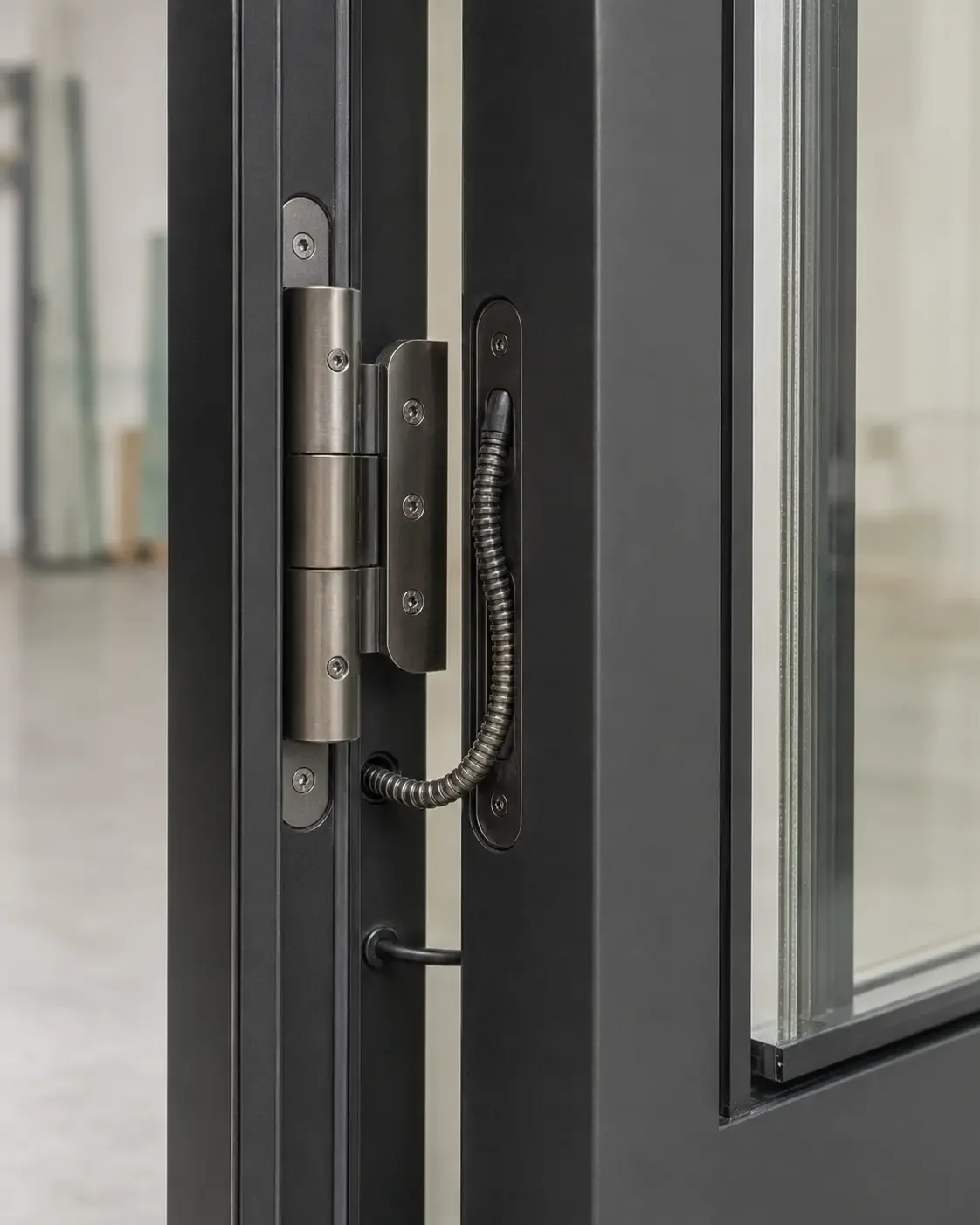 Close-up of a protected flexible power-transfer conduit between a black door leaf and frame beside insulated glass.
