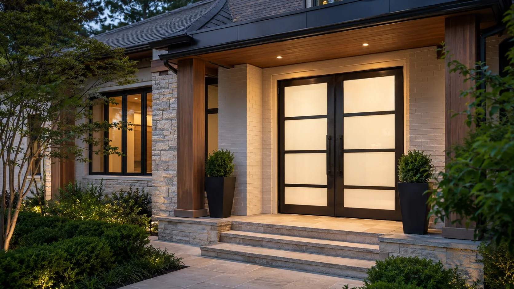 Black double entry doors with translucent glass panels illuminated from within at a landscaped home entrance.