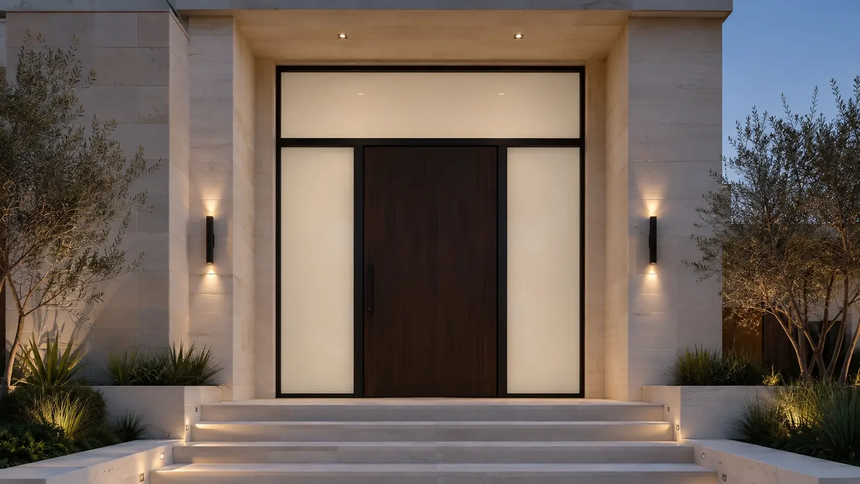 Luxury wood entry door framed by translucent smart glass sidelights and a matching transom at dusk.