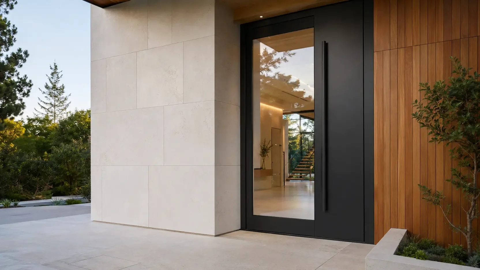 Modern black front door with clear smart glass revealing a bright contemporary home interior.