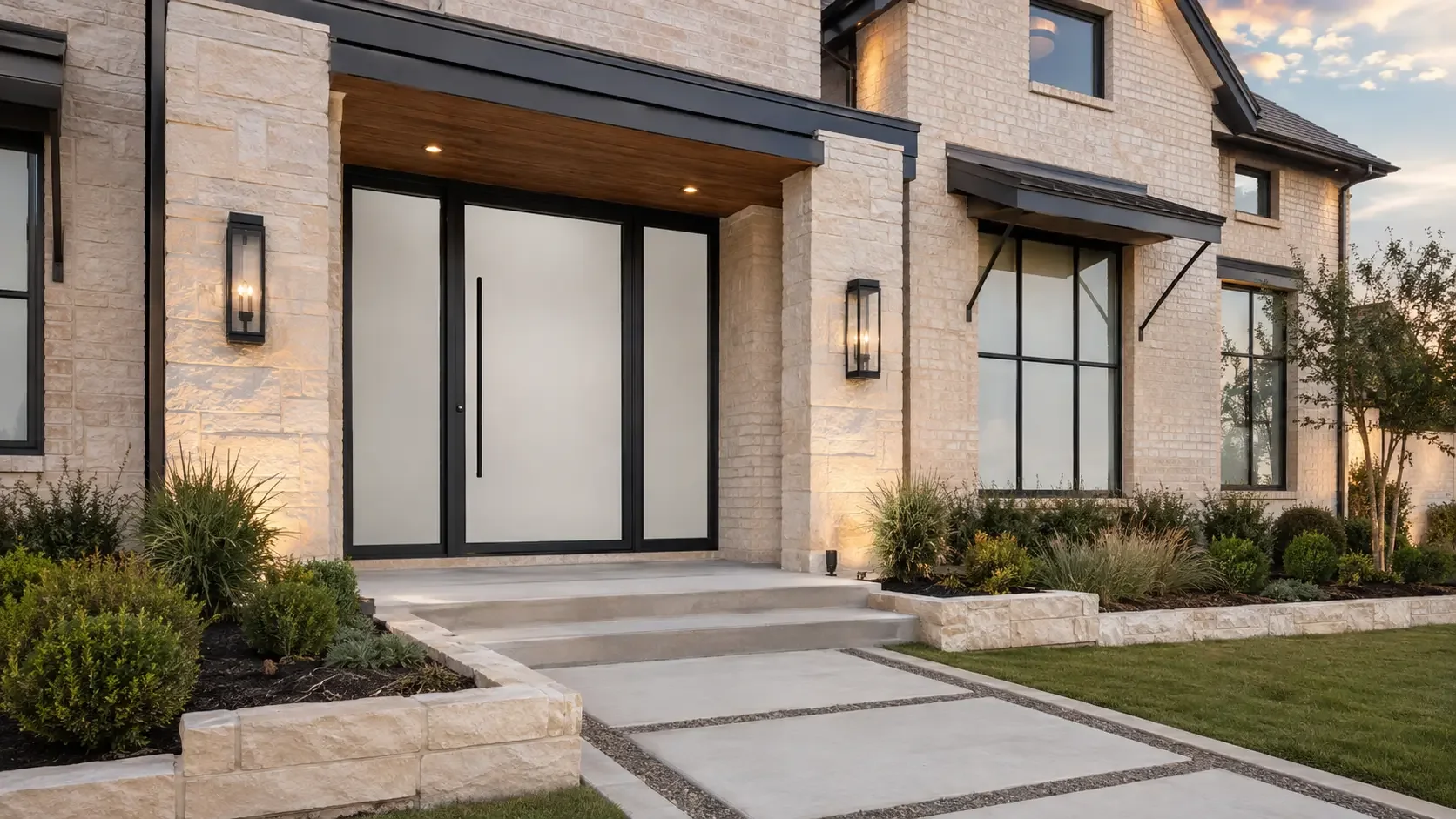 Luxury home entrance with a black front door, sidelights, and translucent privacy glass at dusk.