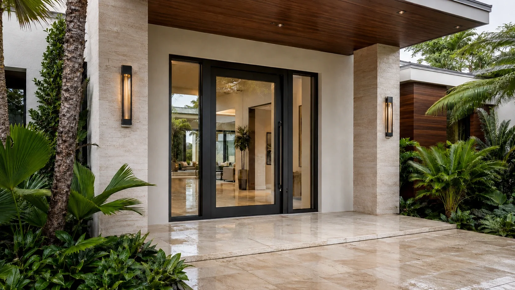 Luxury home entrance with a black front door, clear glass, stone finishes, and tropical landscaping.