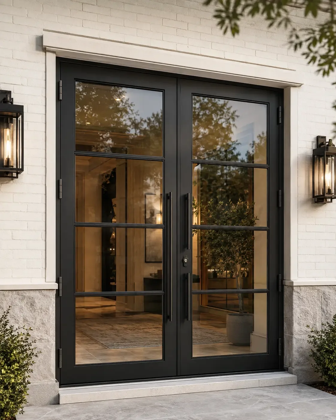 Black iron double entry doors with clear glass panels and natural reflections outside a white brick home.