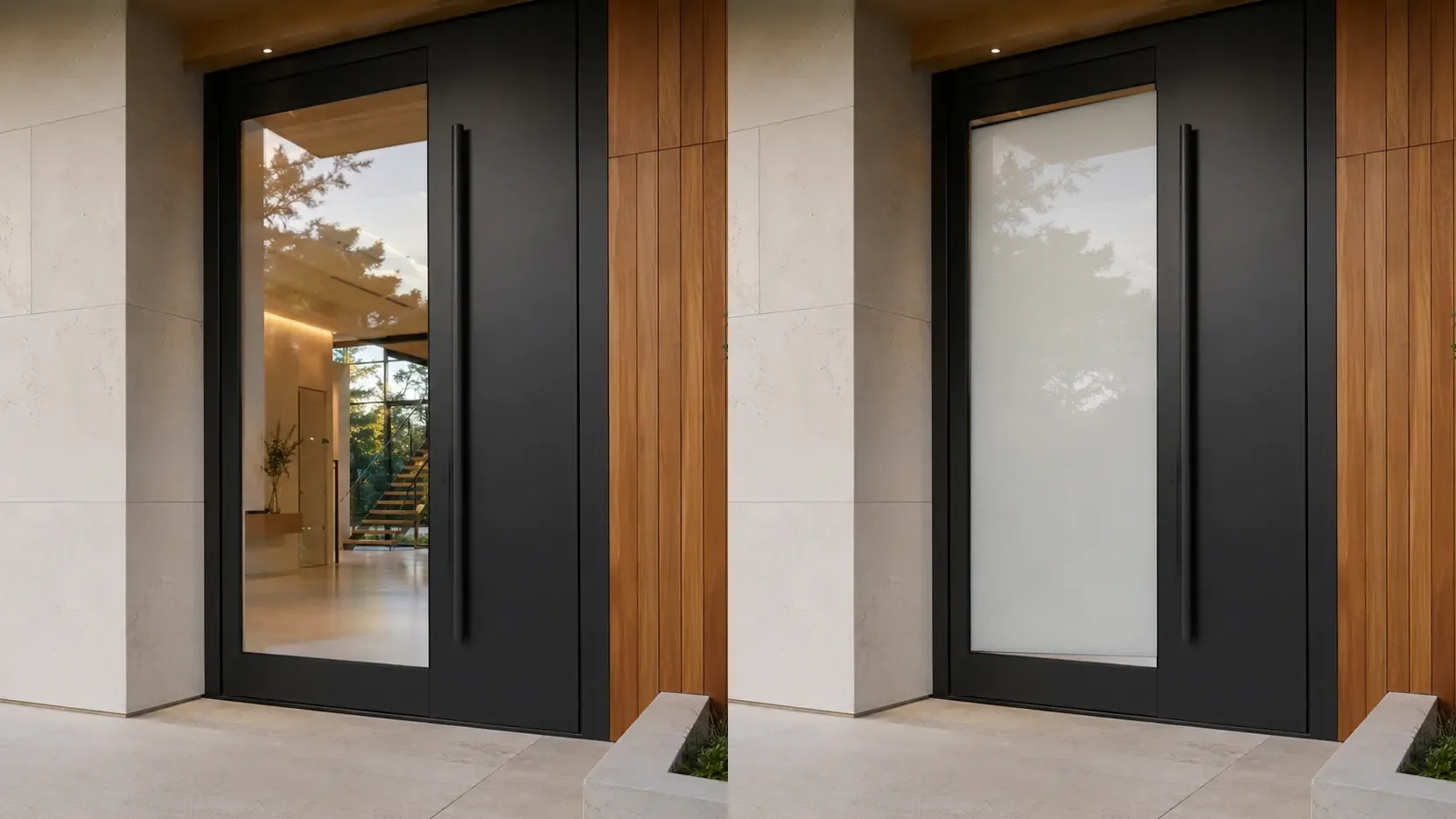 Black front door shown side by side with switchable glass clear and private.