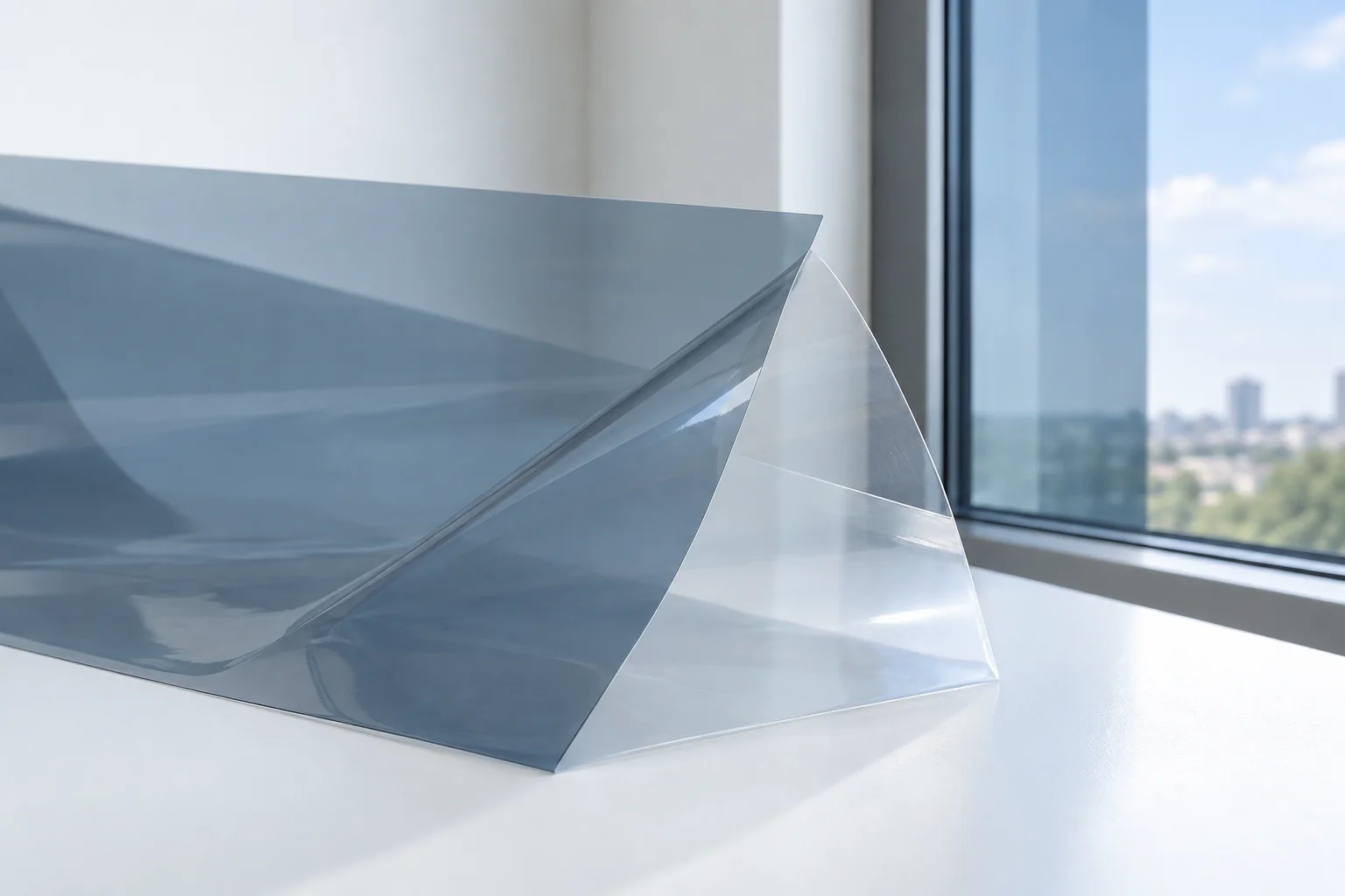 Concept illustration of blue-gray self-adhesive film with a peeled backing beside an existing window