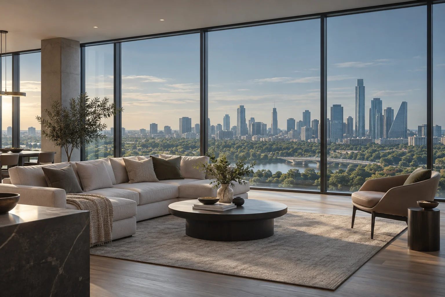 AI concept of a living room with a view through lightly tinted floor-to-ceiling glass