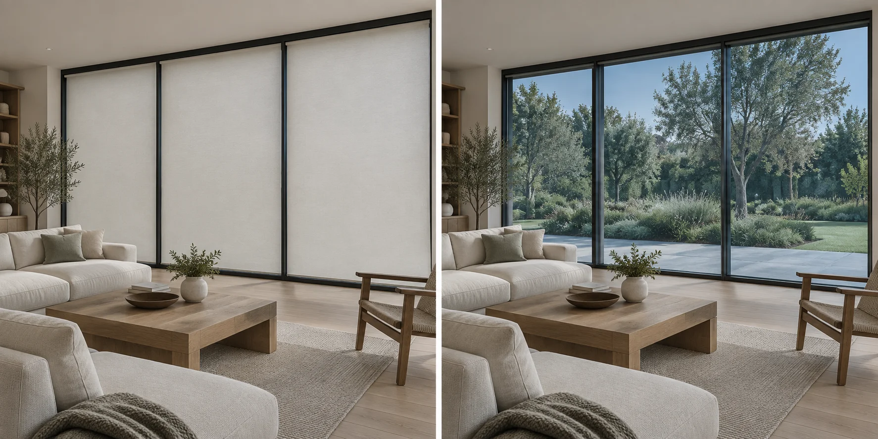 Illustration of the same room with lowered opaque roller shades on the left and a visible garden through tinted glass on the right
