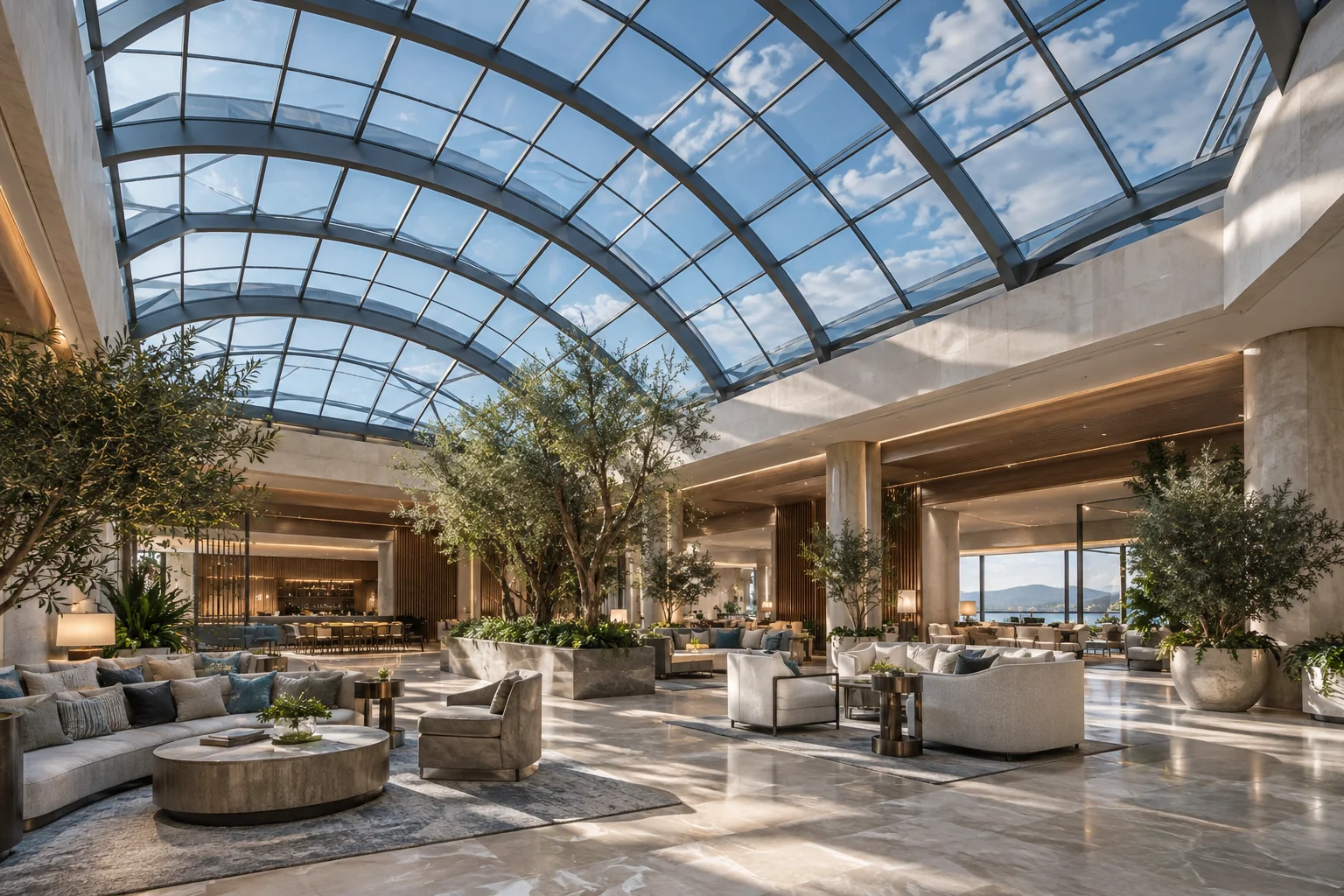 AI concept of a hospitality atrium beneath a segmented tinted glass roof