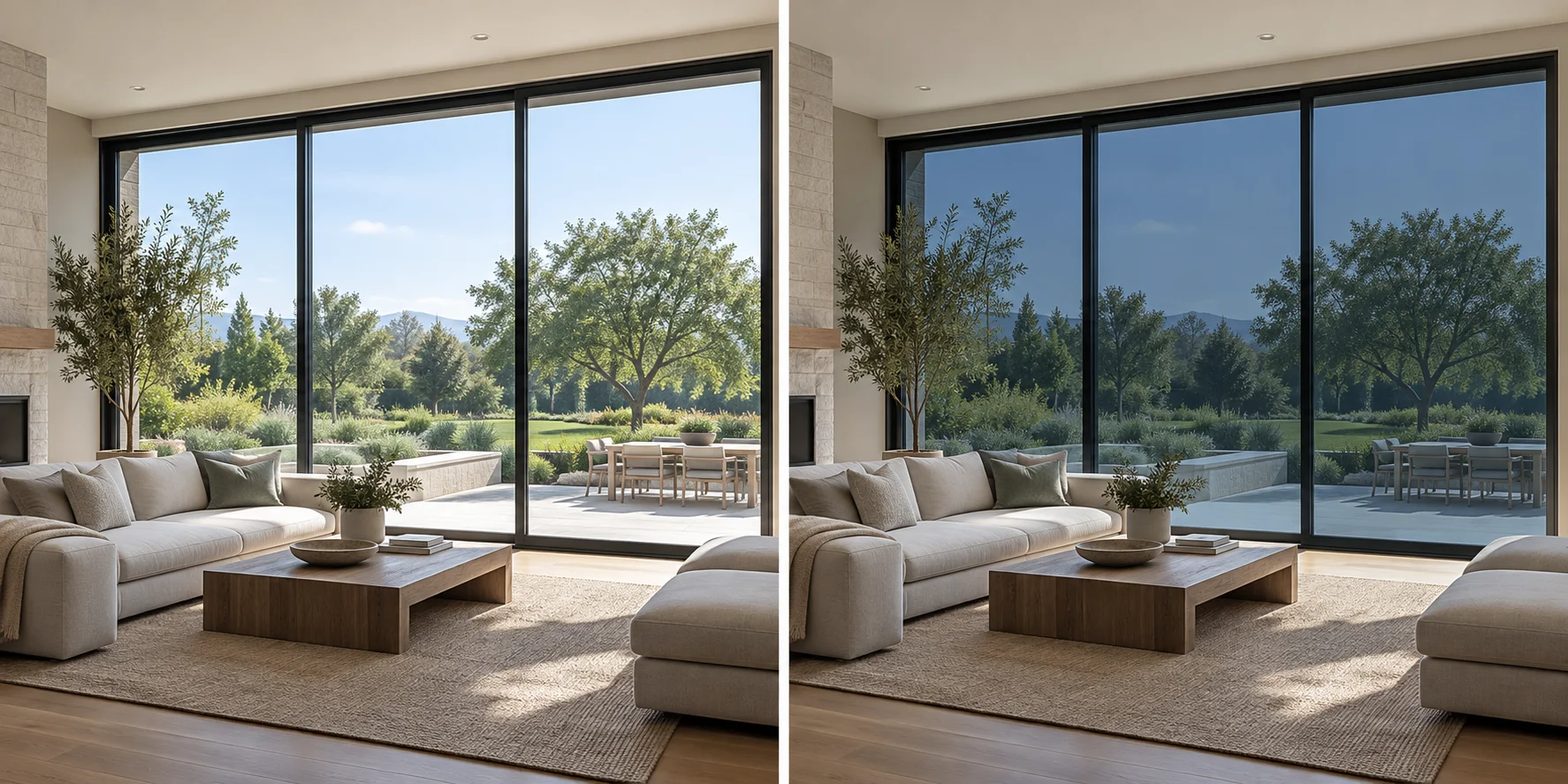 AI-generated comparison of a room with lighter and darker see-through window tint